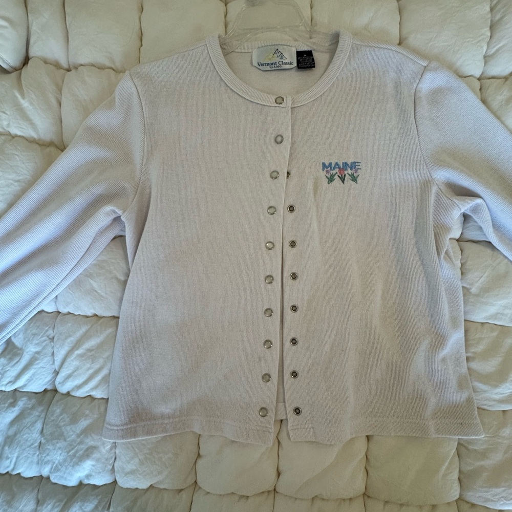 Cream Snap-Front Cardigan with Maine Embroidery